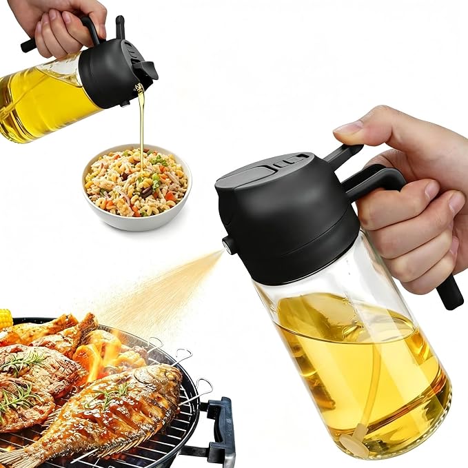 2 in 1 Olive Oil Spray Bottle, 470ml/16oz Glass Oil Sprayer for Home and Kitchen, Olive Oil Dispenser Bottle for Air Fryer, Salad, BBQ (Black)