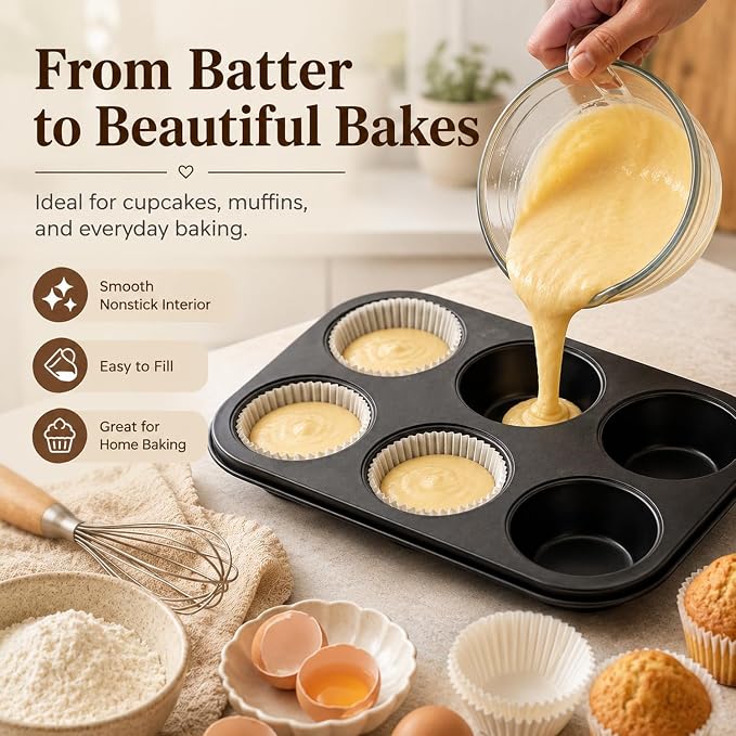 Premium Non-Stick Muffin Baking Pan,6-Cup cake Pan Set of 2(Black) | Even Heat Distribution,Rustproof & Dishwasher Safe,Food-Grade 304 Stainless Steel Muffin Mold for Home Baking,Ideal Gift