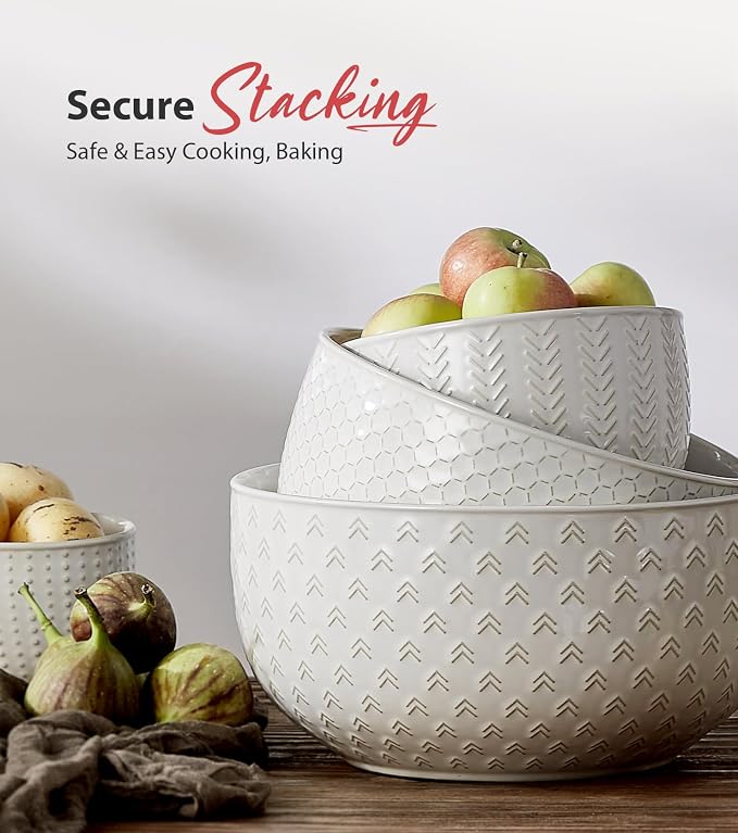Lareina Ceramic Large Mixing Bowls Set of 4, 20/44/98/145 OZ, Ivory White | Nesting Bowls for Cooking, Baking, Salad Etc, Serving Bowls Gift, Kitchen Stoneware, Oven, Microwave and Dishwasher Safe