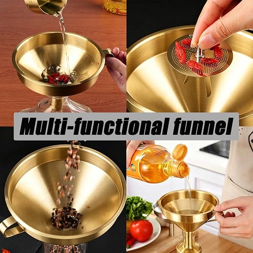 10.5cm/4.13inch Gold Stainless Steel Funnel with Strainer, Metal Funnel with Cleaning Brush, Filtering Funnel for Filling Bottles Transferring Liquid Oil Juice Milk Kitchen Use