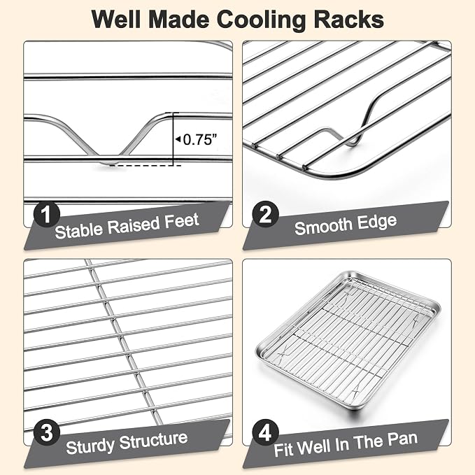 TeamFar Baking Sheet with Rack Set, 3 Pans + 3 Racks, 19.6/16/12.5 Inch | Stainless Steel Cookie Sheets Baking Pans Trays and Cooling Racks for Cooking, Non-Toxic & Heavy Duty, Dishwasher Safe