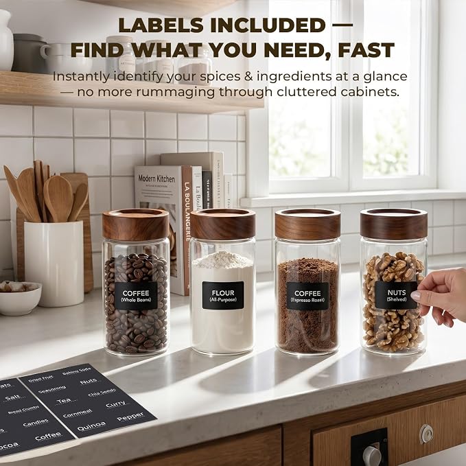 6 Pack 13 oz Glass Jars with Airtight Lids - 15cm Tall Aesthetic Glass Canisters for Coffee Bar, Loose Leaf Tea, Sugar - Decorative Apothecary Jars for Bathroom Vanity Organizers