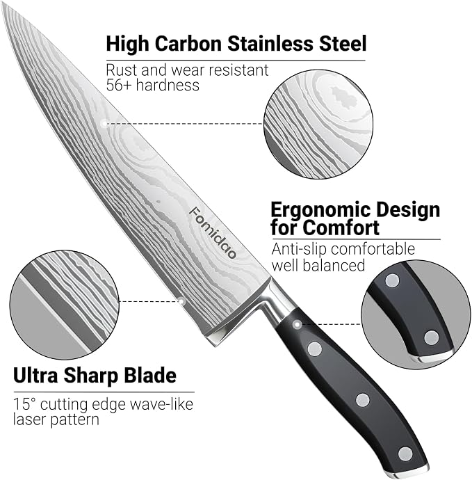 2PCS Chef Knife Set, Razor Sharp Japanese Kitchen Knife Set, High Carbon Steel Damascus Pattern Chef's knives, Cooking Knife with Full Tang Handle Design for Home Kitchen