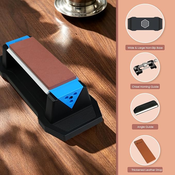 Large Knife Sharpening Stone, Tri-Stone Knife Sharpener, 3 Sides Grit 400/1000/5000, Whetstone Knife Sharpener with Non-Slip Base, Angle Guide & Leather Strop, for Kitchen Knives and Pocket Knives