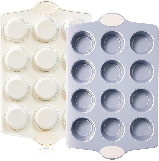 BRONYPRO Ceramic Muffin Pan, 12-Cup Nonstick Aluminized Steel Cupcake Pans, Healthy Non-Toxic Ceramic Coating Muffin tin, 2 Pack Cup Cake Pans for Baking Cream