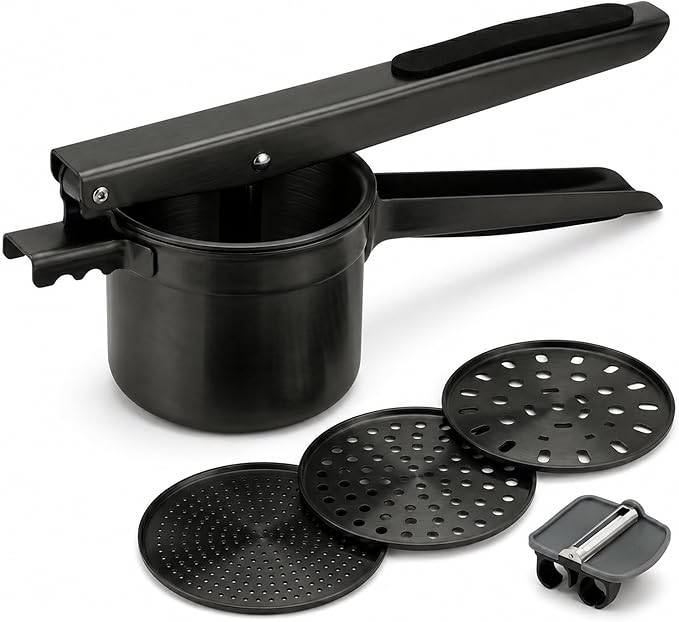 Potato Ricer Stainless Steel (15 oz, Black) - Heavy Duty Potato Masher with 3 Interchangeable Discs & Peeler - Easy Mashed Potatoes Kitchen Tool by Kovilo