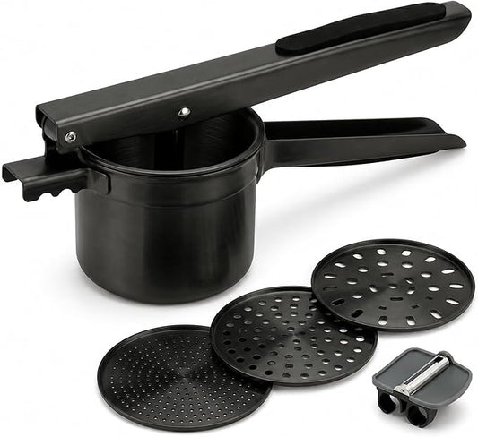 Potato Ricer Stainless Steel (15 oz, Black) - Heavy Duty Potato Masher with 3 Interchangeable Discs & Peeler - Easy Mashed Potatoes Kitchen Tool by Kovilo