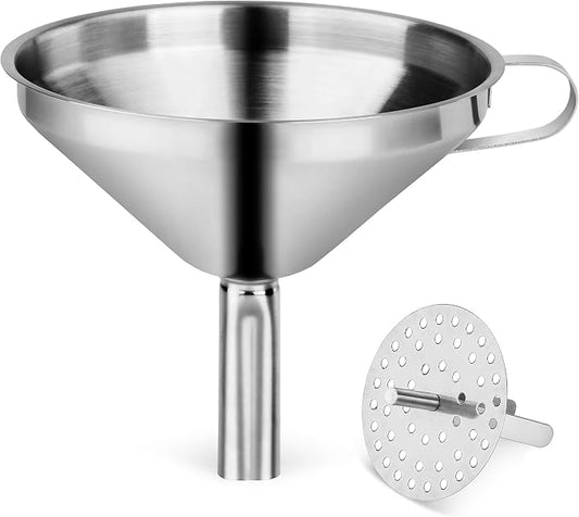 New Star Foodservice Stainless Steel Funnel with Detachable Strainer Filter, 5-Inch, Silver, Heavy-Duty Kitchen Funnel for Liquids, Oils, Sauces, Broths, and Canning
