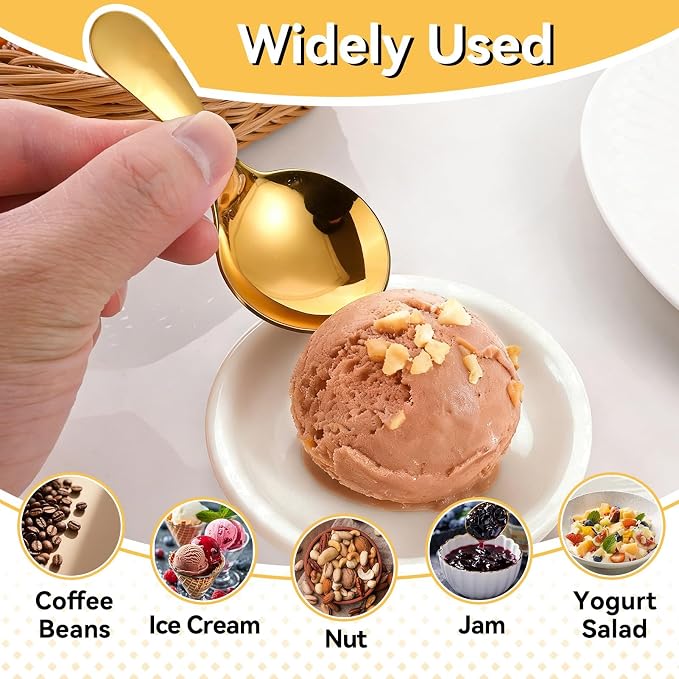 5PCS Mini Ice Cream Scoop for Canisters, Gold Mini Candy Serving Scoops Stainless Steel Short Handle Salt Condiments Dessert Spoons for Restaurant Candy Buffet Condiments Dessert(Gold)