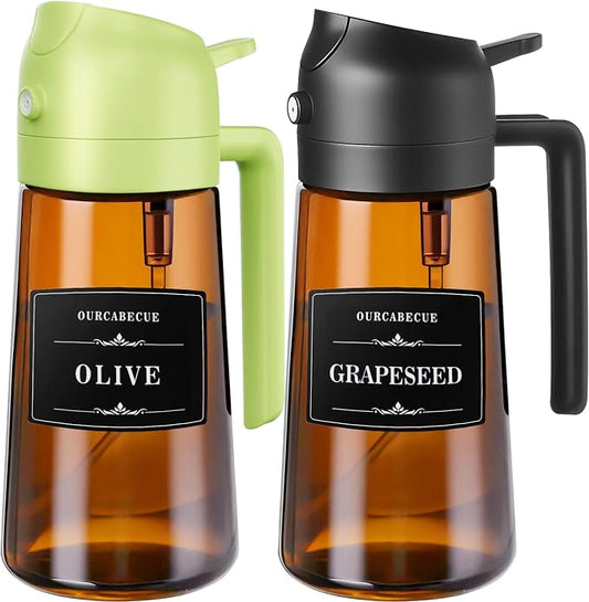 OURCABECUE 2 in 1 Olive Oil Sprayer for Cooking, 16oz/470ml Glass Olive Oil Dispenser Bottle for Kitchen, Light-Blocking Dark Brown Oil Mister with 8 Oil Stickers (Black+Green2PC)