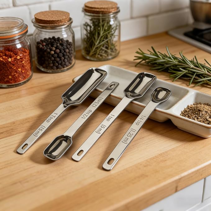 Stainless Steel Measuring Spoons Set of 7 with Leveler, Long Handle Rectangular Metal Teaspoon Tablespoon for Measuring Kitchen Spice, Dry & Liquid Ingredients