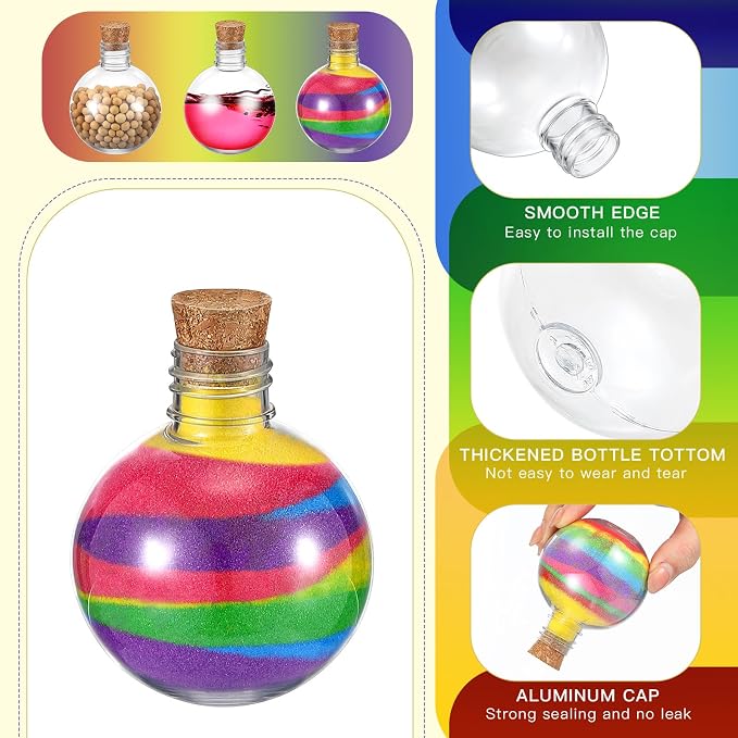 Layhit 24 Pcs Spherical Plastic Potion Bottles Ball Shape Round Bottles 3.4 oz Sand Art Jar with 5 Funnels Decorative ‌container Candy Jar for Valentines Birthday DIY Crafts(Brown,Cork Stopper)