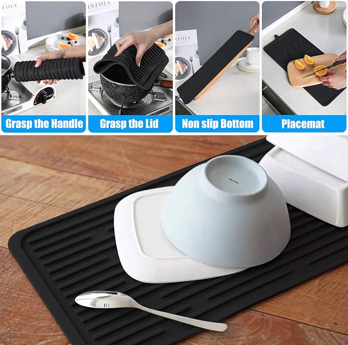 Silicone Dish Drying Mat 18”x8”, Heat Resistant Trivets for Kitchen Counter, Draining Mat, Sink Mat, Hot Pads for Multiple Usage (Black)