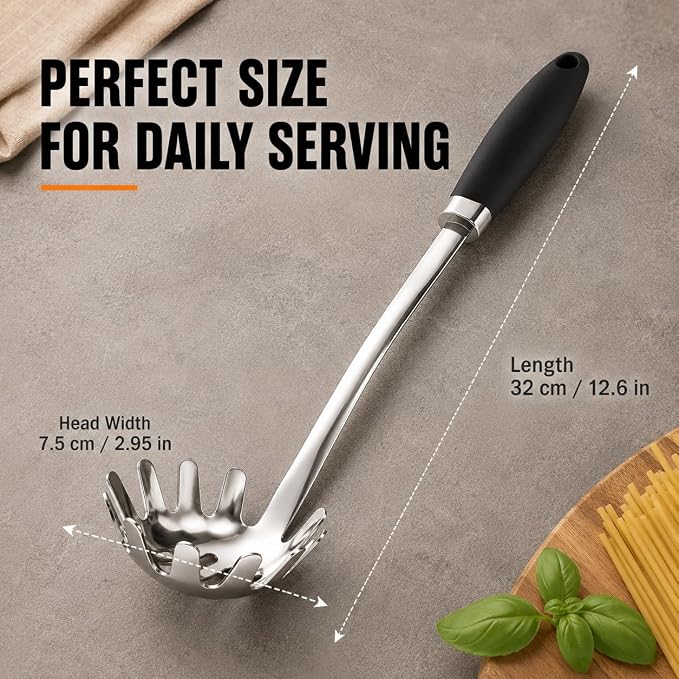 Stainless Steel Pasta Spoon, Spaghetti Server with Teeth, Metal Pasta Fork for Noodles, Linguine, Fettuccine and Macaroni, Dishwasher Safe