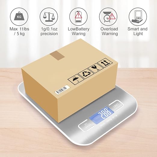 Digital Shipping Scale,Stainless Steel Panel, Accurate 5kg/1g Portable Postal Scale for Packages, Small Business,Kitchen, Food, Handmade, Liquids, and Boutique (Silver)