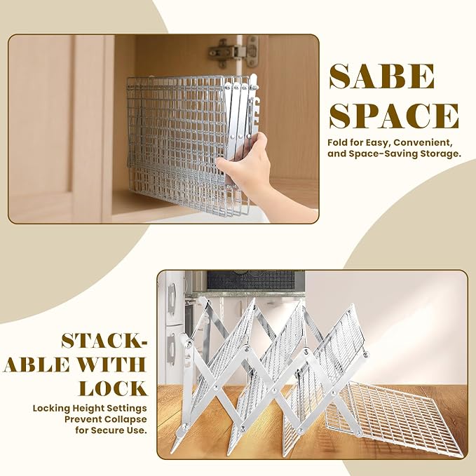 BEWOS 4 Tier Collapsible Cooling Rack - Adjustable Stainless Steel Baking Rack with Leak-Proof Mesh, X-Shaped Structure Cooling Rack for Cooking and Baking, Dishwasher Safe