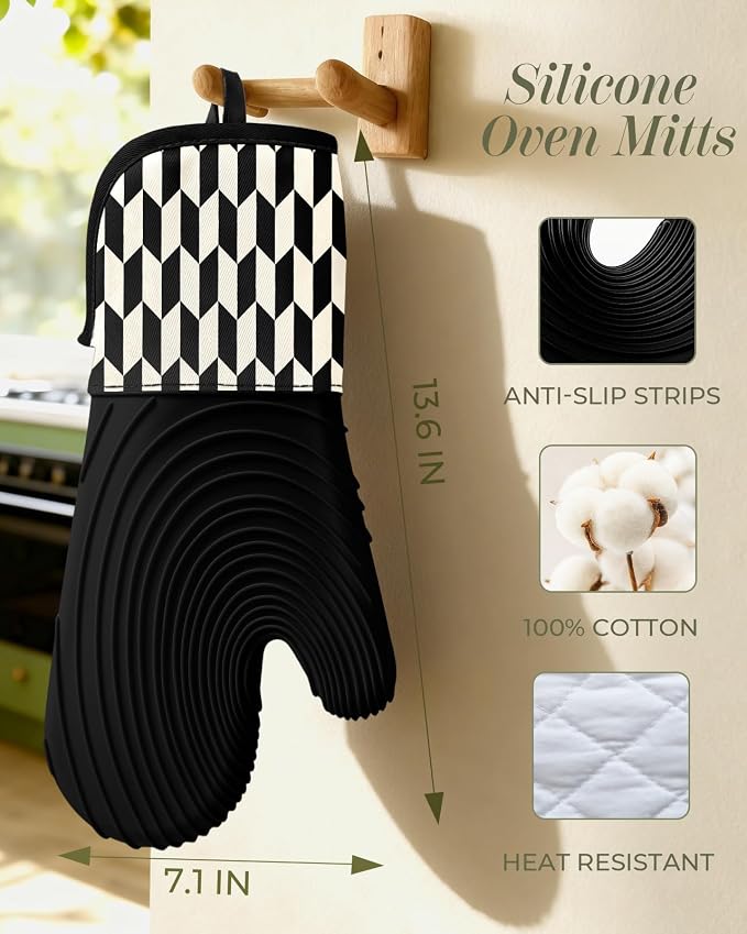 Slohif Long Silicone Oven Mitts Heat Resistant for Women - 2 Pcs Black-White Geometric 100% Cotton Oven Gloves, Non-Slip and Waterproof Silicone Oven Mitts with Hanger for Baking and Cooking