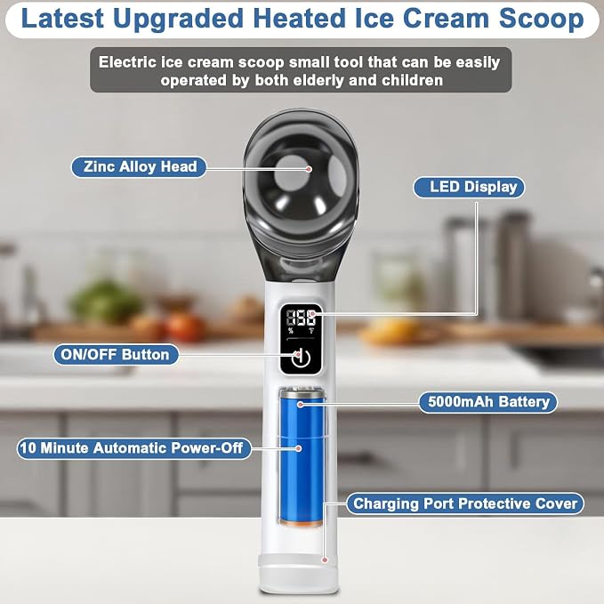 Rechargeable Heated Ice Cream Scoop, LED Display Real-Time Temperature & Battery, 5000mAh Electric Ice Cream Scoop, 158°F Fast Heating IP67 Waterproof with Bee Bracket, Ideal for Hard Frozen Desserts