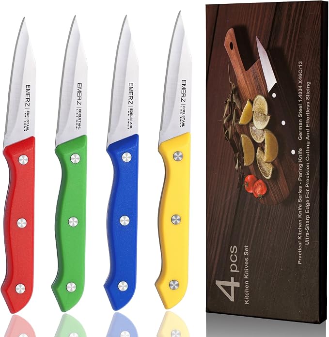 Paring Knife Set of 4, Stainless Steel Paring Knives,3.5inch,Ergonomic Plastic Triple Rivet Handle,Sharp Small Kitchen Knife for Peeling Coring Cutting,Colorful Parers for Fruit&Vegetable