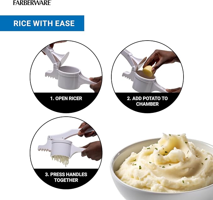 Farberware Professional Potato Ricer with 3 Stainless Steel Discs and Ergonomic Plastic Handle, White - Makes Fluffy Mashed Potatoes, Rices Vegetables and Fruits, Dishwasher Safe, 13.75 Inches
