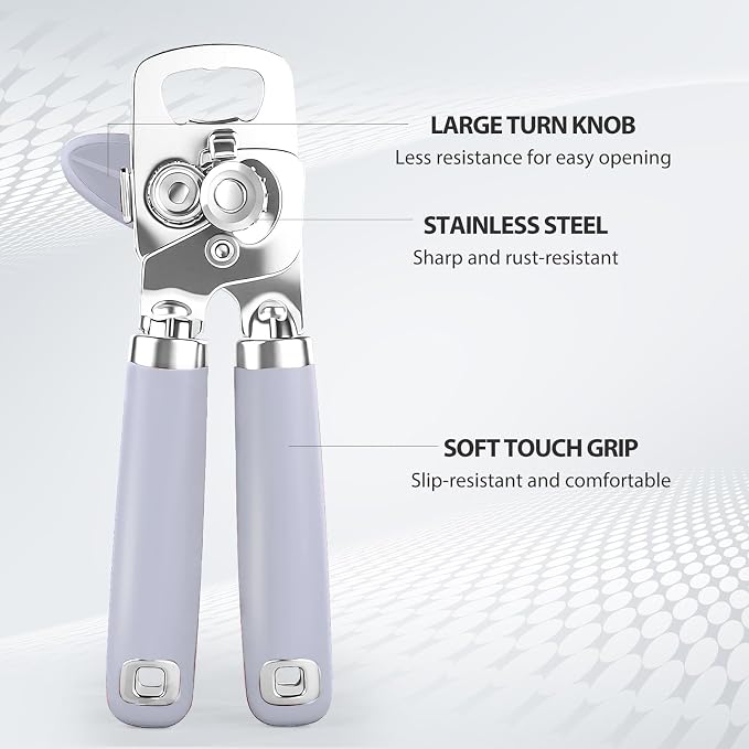 Safring Can Opener Manual, Heavy Duty Stainless Steel Smooth Edge Can Opener With Soft Touch Handle, Oversized Handheld Easy Turn Knob, Multi-Function Bottle Opener, Lavender