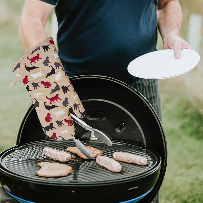 Oven Mitts Gloves 1 Pair Heat Resistant 480 ℉ Non Slip Clear Silicone Printed Comfortable Cotton Lining Kitchen Women Men Cooking Barbecue Microwave Machine Washable (Cat, Khaki Mittens)