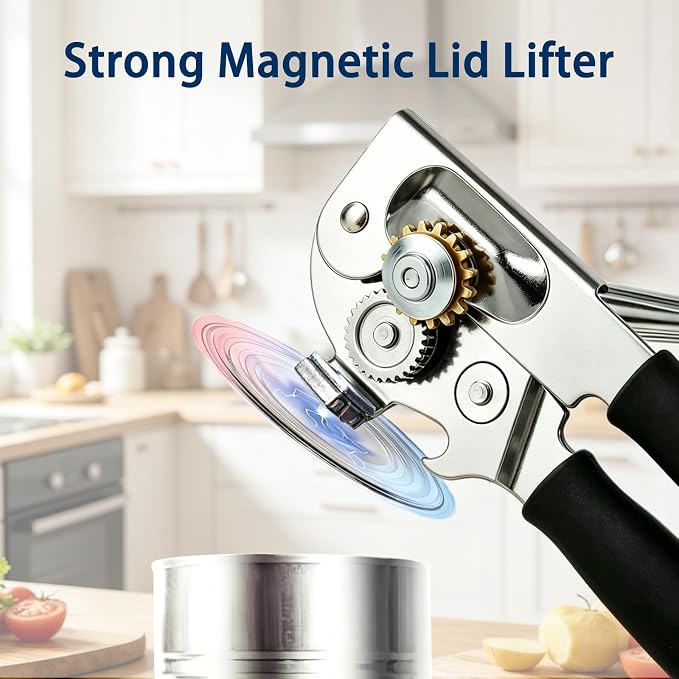 AORRZER® Can Opener Manual with Magnetic Lid Lifter, High-Intensity Sharp Steel Blade, Bottle Opener, Comfortable Grip Handle, Kitchen Tools for Home and Commercial (Black)
