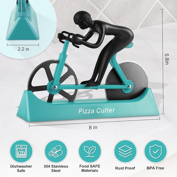 Bike Pizza Cutter,Bicycle Pizza Slicer,Stainless Steel Pizza Cutter Wheels with Stand,Unique Kitchen Gadget,Gifts for Cyclists Men,Cool Men’s Gift