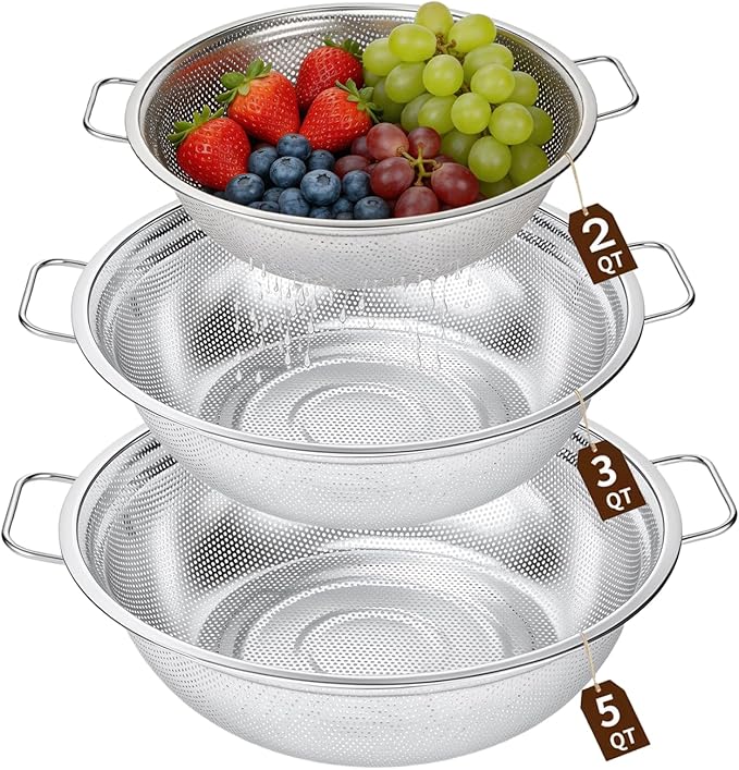 Stainless Steel Colander Set of 3 - Micro-Perforated Metal Strainer for Draining Pasta, Washing Rice & Rinsing Vegetables - Heavy Duty & Dishwasher Safe Kitchen Colanders - 2, 3, 5 Quart