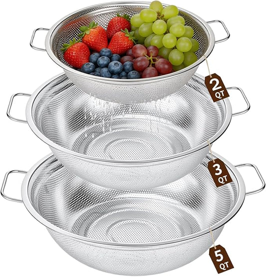 Stainless Steel Colander Set of 3 - Micro-Perforated Metal Strainer for Draining Pasta, Washing Rice & Rinsing Vegetables - Heavy Duty & Dishwasher Safe Kitchen Colanders - 2, 3, 5 Quart