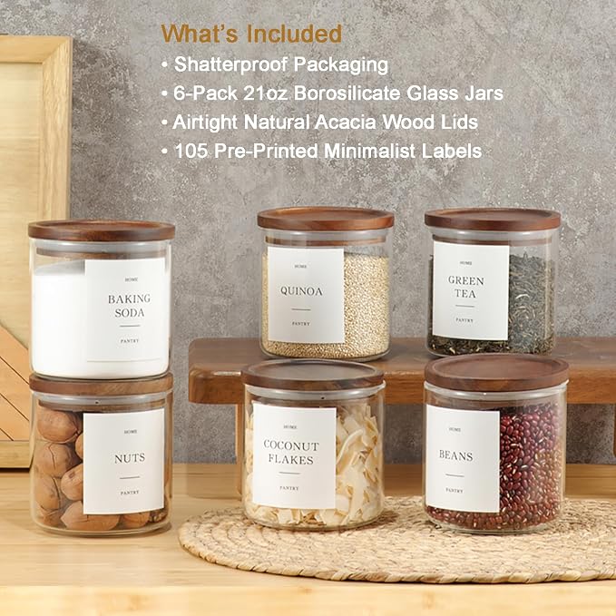 6 Pack Glass Jars with Acacia Lids, 21oz Pantry Airtight Storage Containers | Glass Kitchen Canisters with 105 Labels, Food Storage Containers for Pantry with Wood Lids for Coffee, Tea, Sugar, Spice