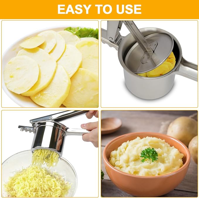 Potato Ricer 15oz, Heavy Duty Stainless Steel Potato Masher and Ricer for Mashed Potatoes,with 3 Interchangeable Discs, Potato Press Kitchen Tool for Mashed