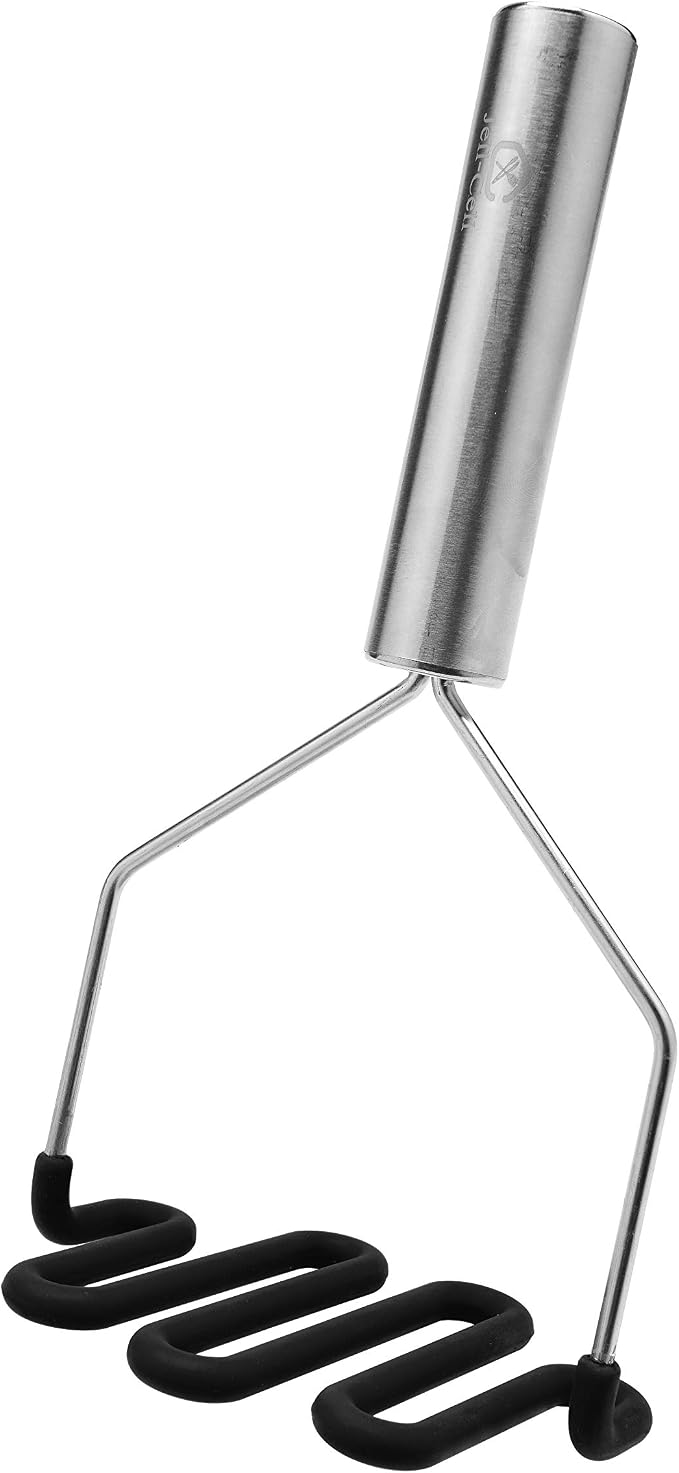 Jell-Cell Potato Masher - Silicone Protect Body with Premuim Stainless Steel Non-Scratch Cookware for Smooth Mashed Potato Vegetables and Fruits Color Black