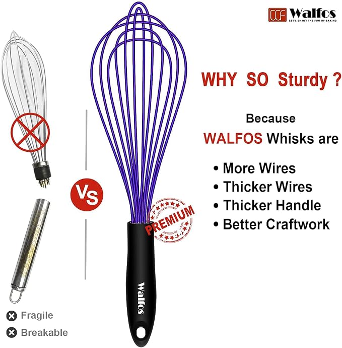 Walfos Silicone Whisk, Non Scatch Coated Whisk for Cooking & Baking- Set of 3-Heat Resistant Kitchen Whisks for Non-stick Cookware, Balloon Egg Wisk Perfect for Blending, Beating, Frothing （Blue）