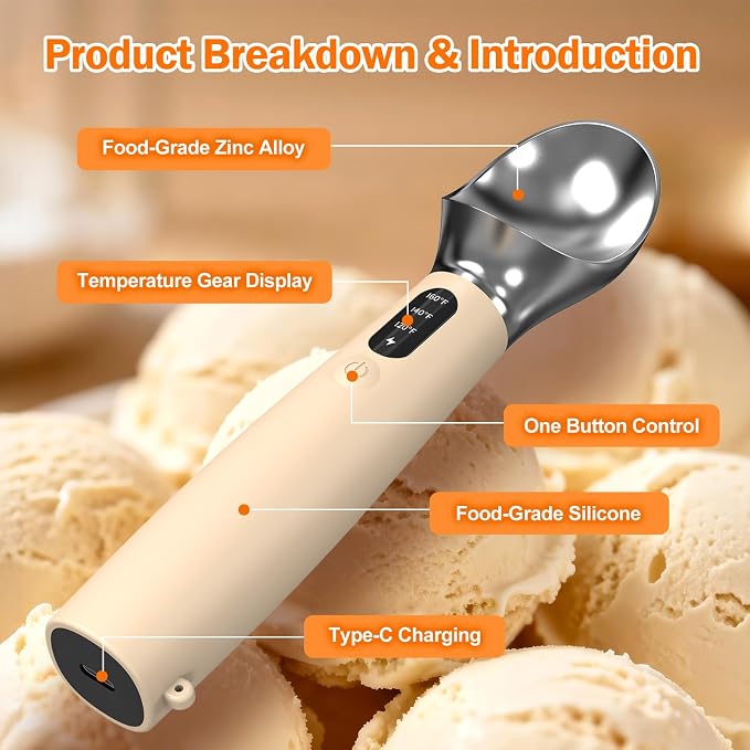 Heated Ice Cream Scoop for Hard Ice Cream, 3-Temp Electric Cordless Ice Cream Scooper, Rechargeable USB-C Fast Charge with LED Display, IP67 Waterproof Head, Easy to Clean - Cream