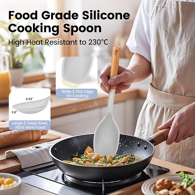 Large Silicone Cooking Spoons Set, 2 Pcs Non Stick Serving Spoon, Multifunction Big Flat Spatula Spoon, Kitchen Heat Heat Resistant Cucharras de Silicona for Mixing, Scooping, Scraping, Stiring