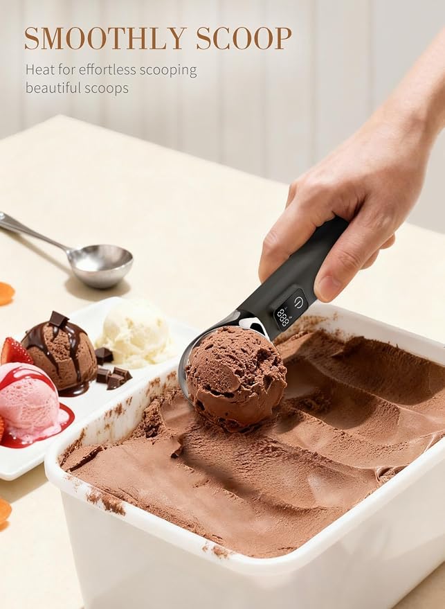 Heated Ice Cream Scoop Rechargeable, Electric Ice Cream Scoop for Hard Icecream and More with LED Display, Self-Warming Heats To 158℉, IP67 Waterproof Easy To Clean, Ideal Kitchen Gifts (Black)