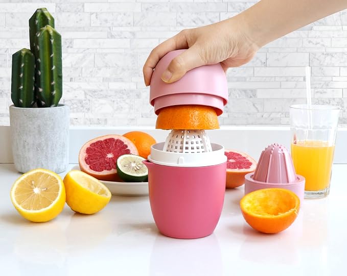 Lechin Hand Juicer, Lemon Squeezer, Two Squeezing Options, Pink | Unique lemon shape, for various fruits, dishwasher-safe, with strainer and container, 480 ml