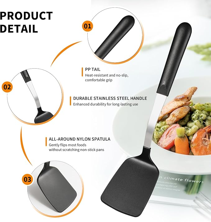 4 Pcs Cooking Utensils Set, Stainless Steel Kitchen Utensils, Heat Resistant Metal Kitchen Tools Include Solid, Slotted Turner, Serving Spoon, Non-Stick Wok Spatula, Dishwasher Safe, Silver