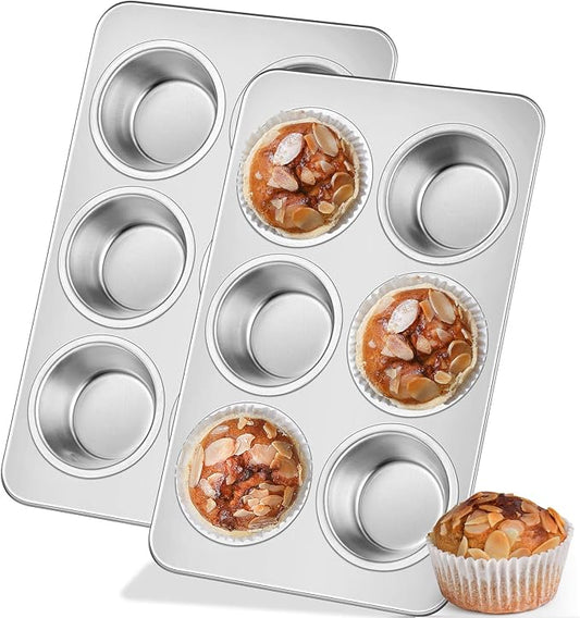 Leonyo Non-Toxic Stainless Steel Muffin Cupcake Pan 6 Cup, 2 Pack | Standard Size Metal Muffin Tin Tray for Baking Cupcake Quiches, Dishwasher Oven Safe