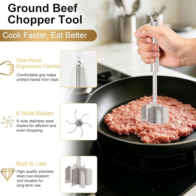 304 Stainless Steel Meat Chopper & Potato Masher, 6 Blade | Ground Beef Smasher for Hamburger, Heavy Duty Kitchen Tool for Chicken, Vegetables, Mixing and Mashing, Food Grade Utensil