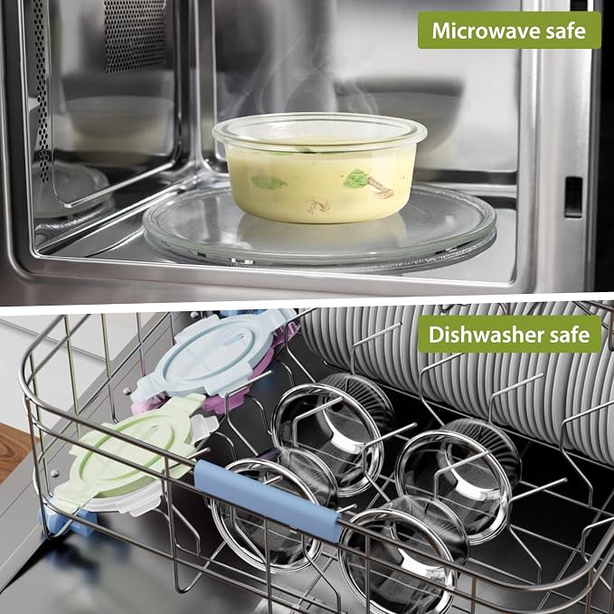 1.5Cup/12oz Small Glass Containers with Lids, Airtight Food Storage, 4 Pack | Leakproof丨Food Grade丨BPA-Free丨Borosilicate Glass丨Meal Prep Lunch Soup Leftovers丨Microwave Oven Dishwasher&Freezer Safe丨Round