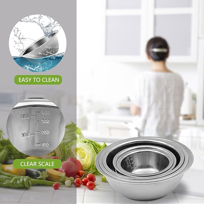 Mixing Bowls Set, Stainless Steel Mixing Bowl Set of 5, Space-Saving Nesting Metal Mixing Bowls for Home Kitchen, RV Kitchen, Baking, Prep, Cooking, Serving, Marinating