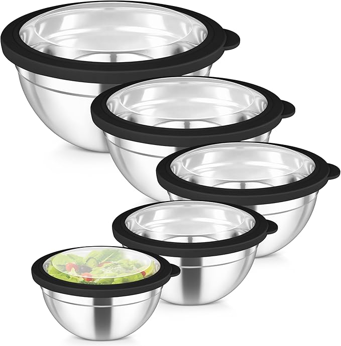 TeamFar Mixing Bowls Set, Stainless Steel Salad Bowl with Lids, Black | 4.5/3/1.5/1/0.7 QT, Metal Nesting Bowls with Visible Airtight Lids, For Serving/ Mixing/ Storing, Dishwasher Safe, Set of 5