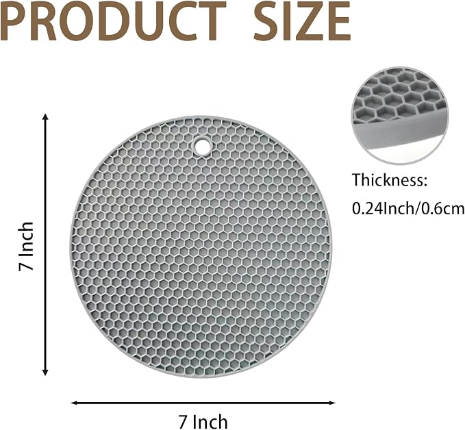 6-Pack Silicone Trivet Mats, Heat Resistant Hot Pads, Dishwasher Safe Kitchen Mats, BPA-Free Pot Holders for Table, Countertop, Stove, Honeycomb Design (Grey, 7“ Round)