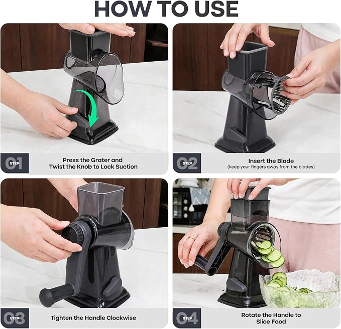 Rotary Cheese Grater,Cheese Shredder Hand Crank, Manual Cheese Grater for Veggies, 3-Blade Grater, Home Kitchen Appliances and Kitchen Gadgets (Black)