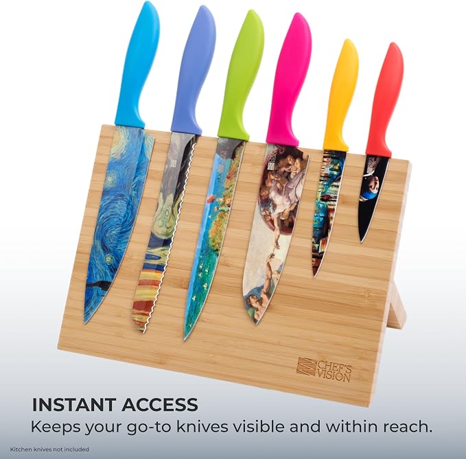 Chef’s Vision Magnetic Knife Block - Bamboo Magnetic Knife Stand for Kitchen Counter - Freestanding Knife Display Holder for Colorful Knives - Modern Kitchen Décor