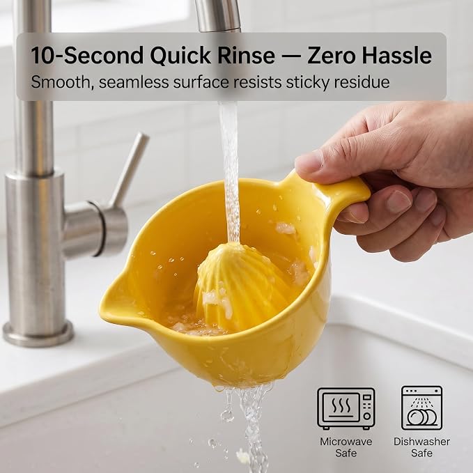 4 inch Ceramic Lemon Squeezer - Manual Citrus Juicer with Handle and Easy Pour Spout for Lemon, Orange, Lime&Grapefruit -Easy to Clean Hand Press Juicer,Microwave & Dishwasher Safe,Lead-Free (Yellow)
