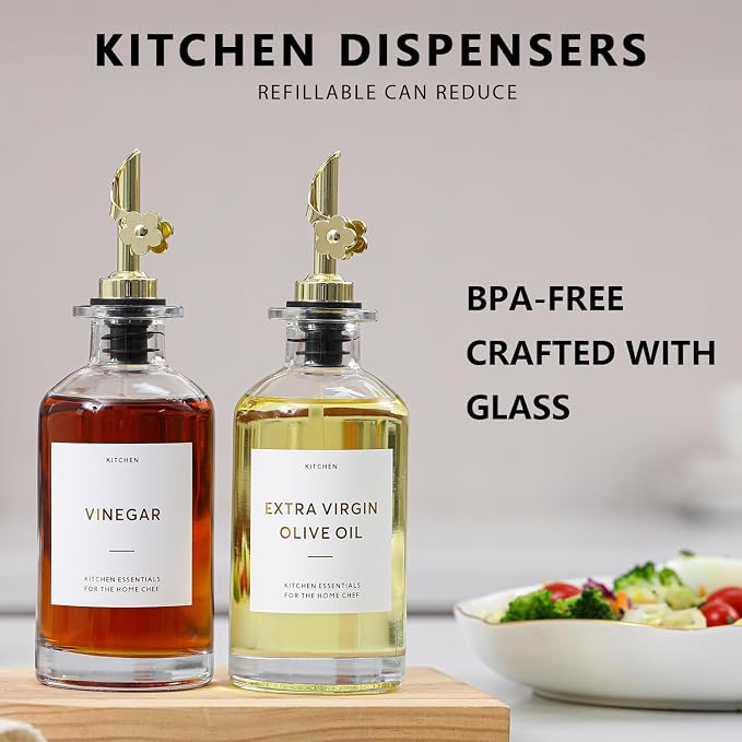 HOMCDALY Olive Oil Dispenser for Kitchen, 12oz Glass Dispenser Bottles with Pourer for Kitchen, Oil and Vinegar Dispensers Set, Leakproof Oil Bottle for Cooking| Set of 2 (12oz)