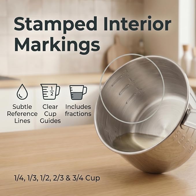 Stainless Steel Measuring Cups Set of 4, Nesting Metal Cups, Marked Handles | Includes 1/4, 1/3, 1/2 and 1 Cup; Stamped 1-Cup Interior Marks for Dry Ingredients, Flour, Sugar, Oats, Rice and Baking